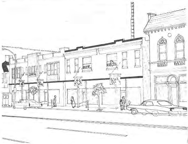Original artist’s conception of a coordinated treatment of commercial facades.