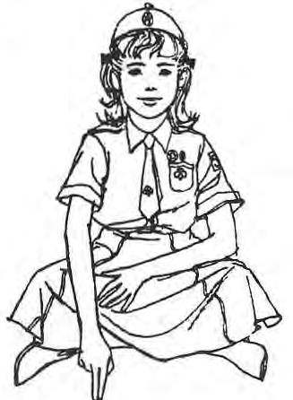 Original drawing of a seated Girl Scout in uniform.