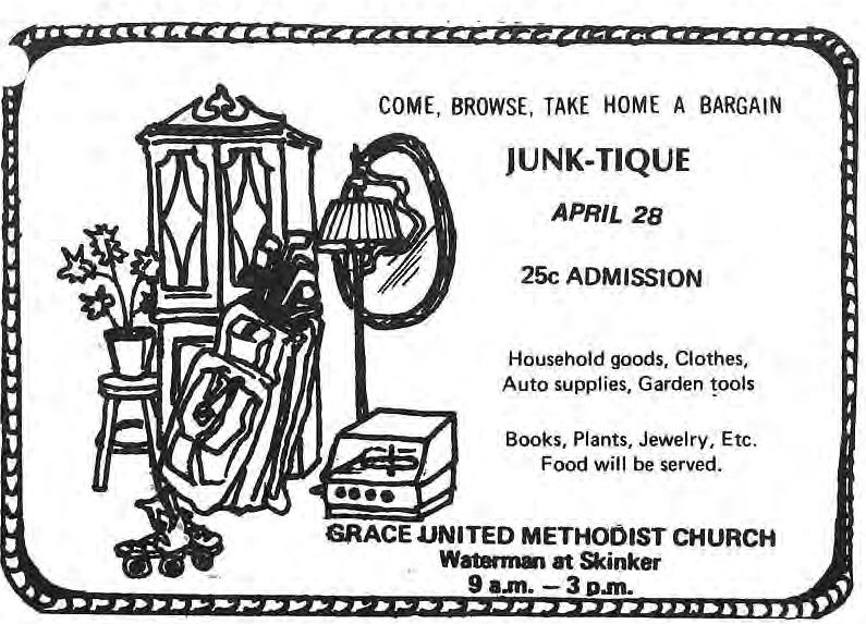 Original April 28 Grace United Methodist Church sale poster with household objects.