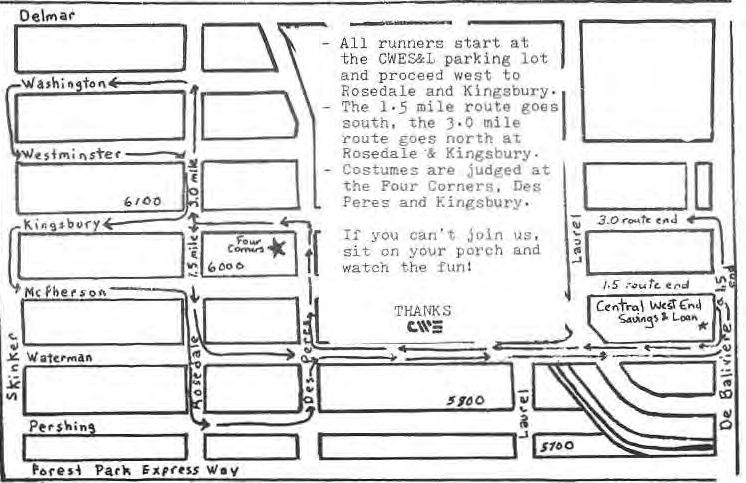 Original route map showing Four Corners, Kingsbury, Rosedale and DeBaliviere.