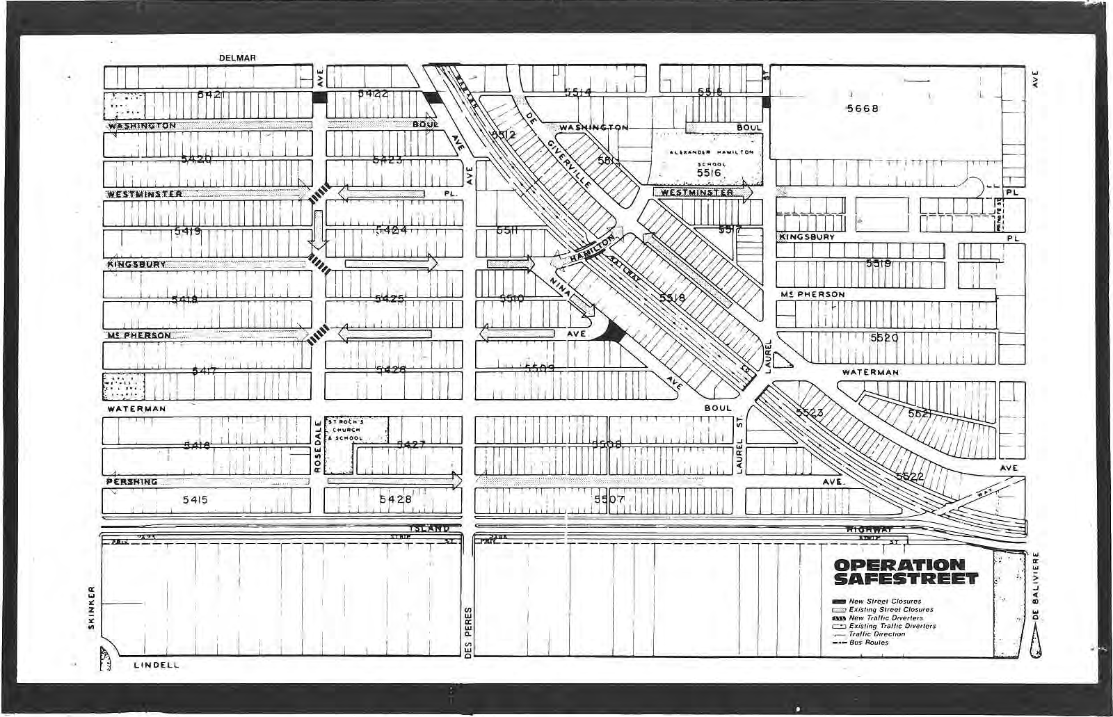 Original Operation SafeStreet map with streets, diverters, traffic arrows and bus-route legend.