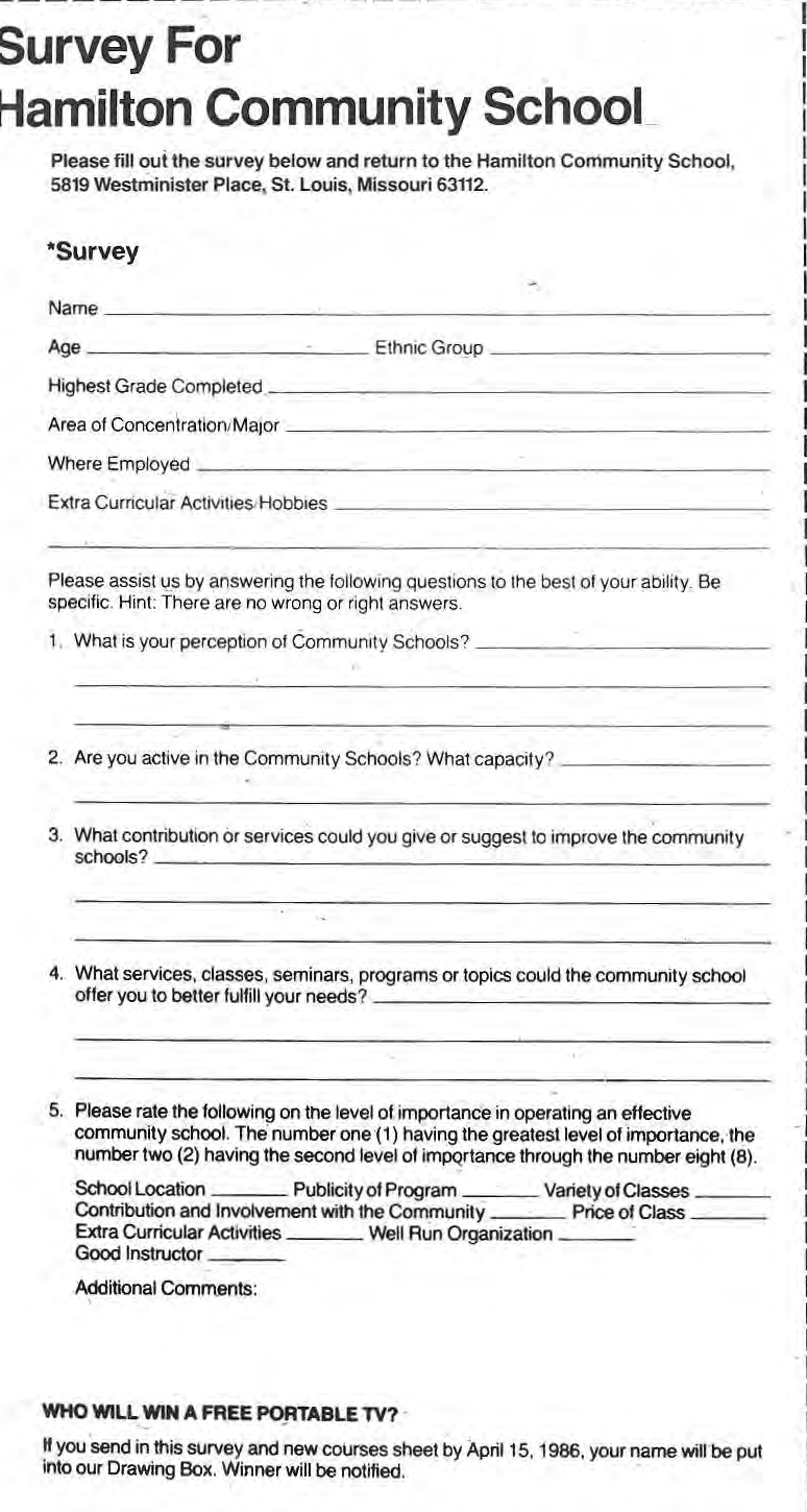 Original Hamilton Community School survey with five numbered questions.