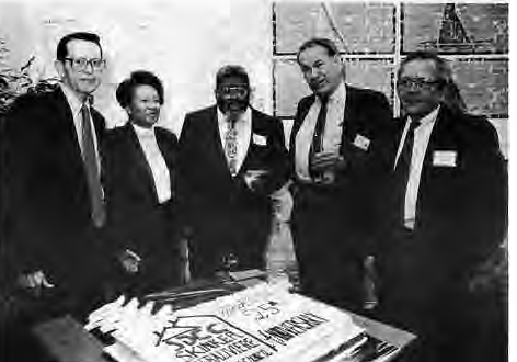 From left:Richard Hart,Esther Herron,Jack Wright,Bob Blackburn and Cal Stuart before the cake-cutting. Photo by King Schoenfeld.