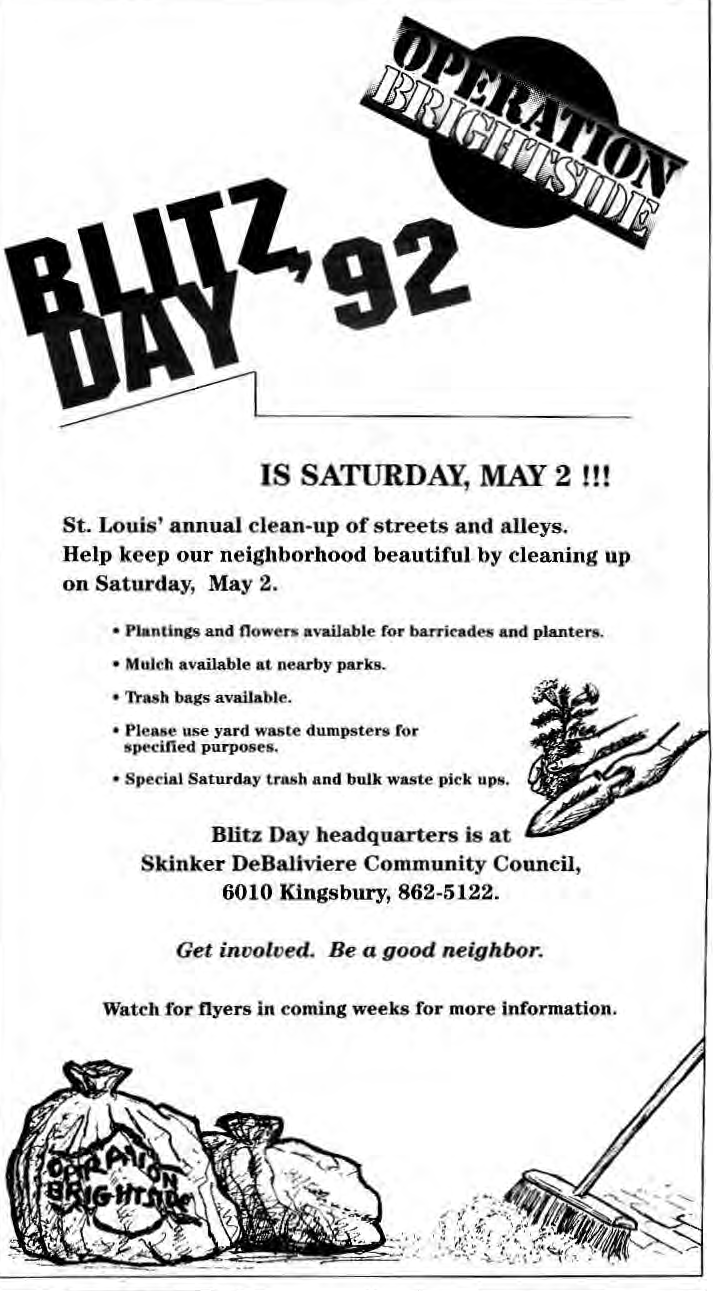 Original April 1992 Operation Brightside Blitz Day May 2 poster. Illustrator not credited.