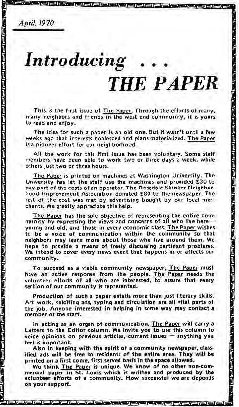 April1970Introducing The Paper founding statement reprinted in April1995.