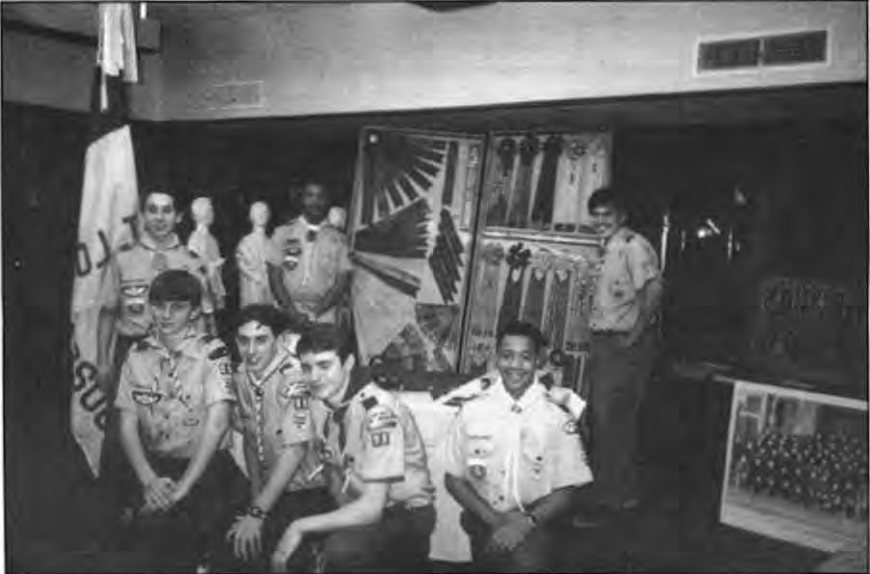 Troop98Boy Scouts Leadership Corps:Front row from left:Carey Robinson,James Wright,Derek Loudermilk,John Wright,William Busch. Back row:Suresh Rao,Chad Robinson. Photographer not credited.