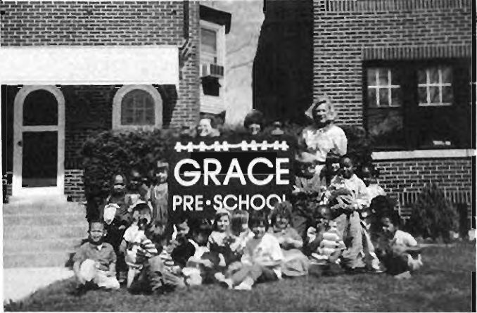 Archival Grace Pre-School photograph reproduced with closure announcement. No names,dates or photographer credit printed.
