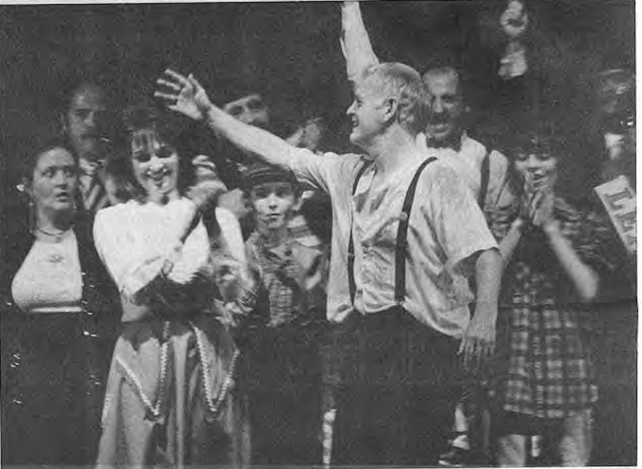Dan Shea and cast of Too Many Nights in a Barroom, May 1989. Caption ends Rose without surname in source. Source photograph or program; creator not credited.