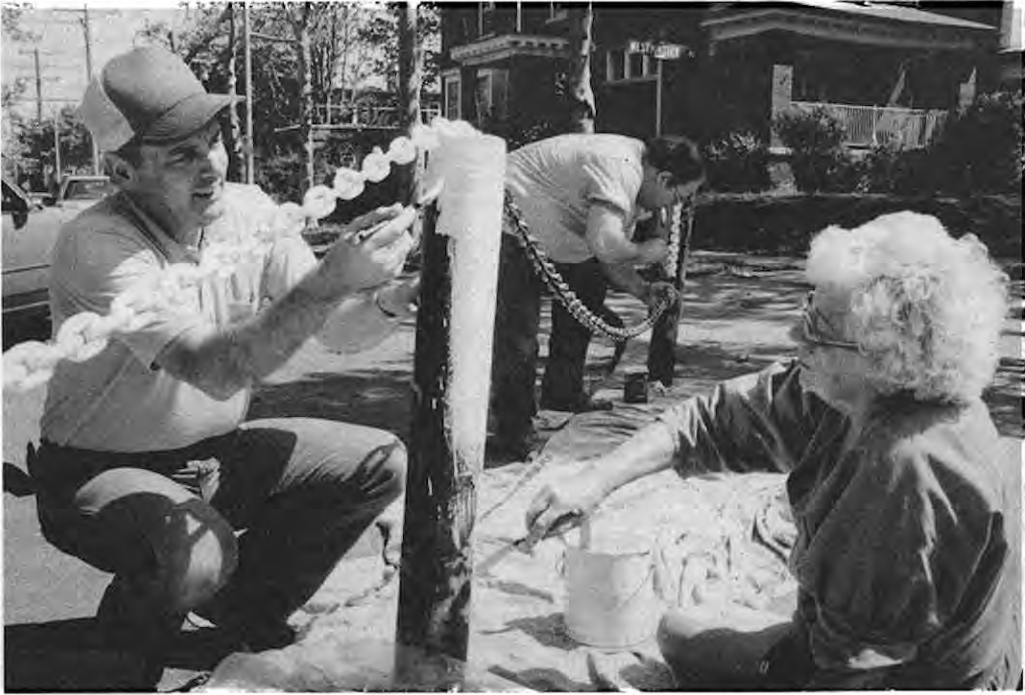 Brad Weir, Frank Burke and Betty Newsham, 1989, beautifying the barricades. Photo by King Schoenfeld.