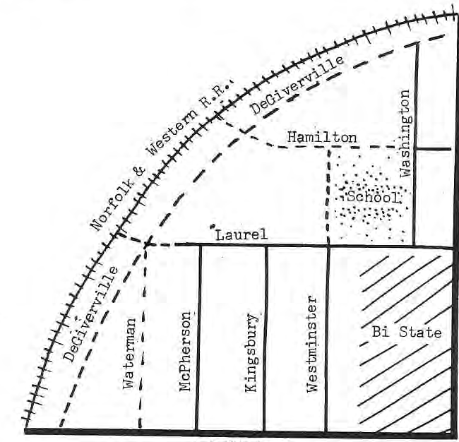 Original printed triangle-area redevelopment diagram with street labels; a historical illustration, not a newly drawn boundary.
