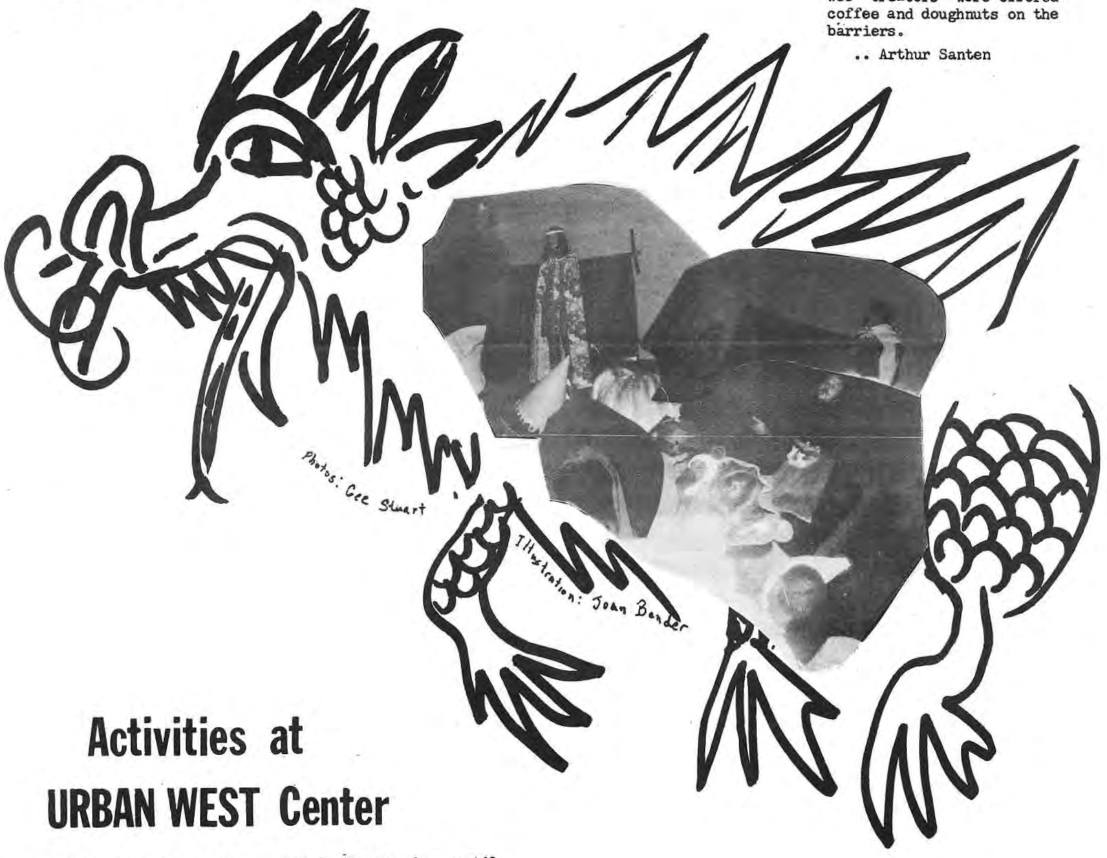 Original dragon illustration surrounding photographs from the Halloween party and play.
