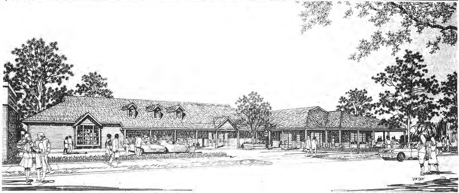 Original architectural perspective of the proposed hardware-store frontage.