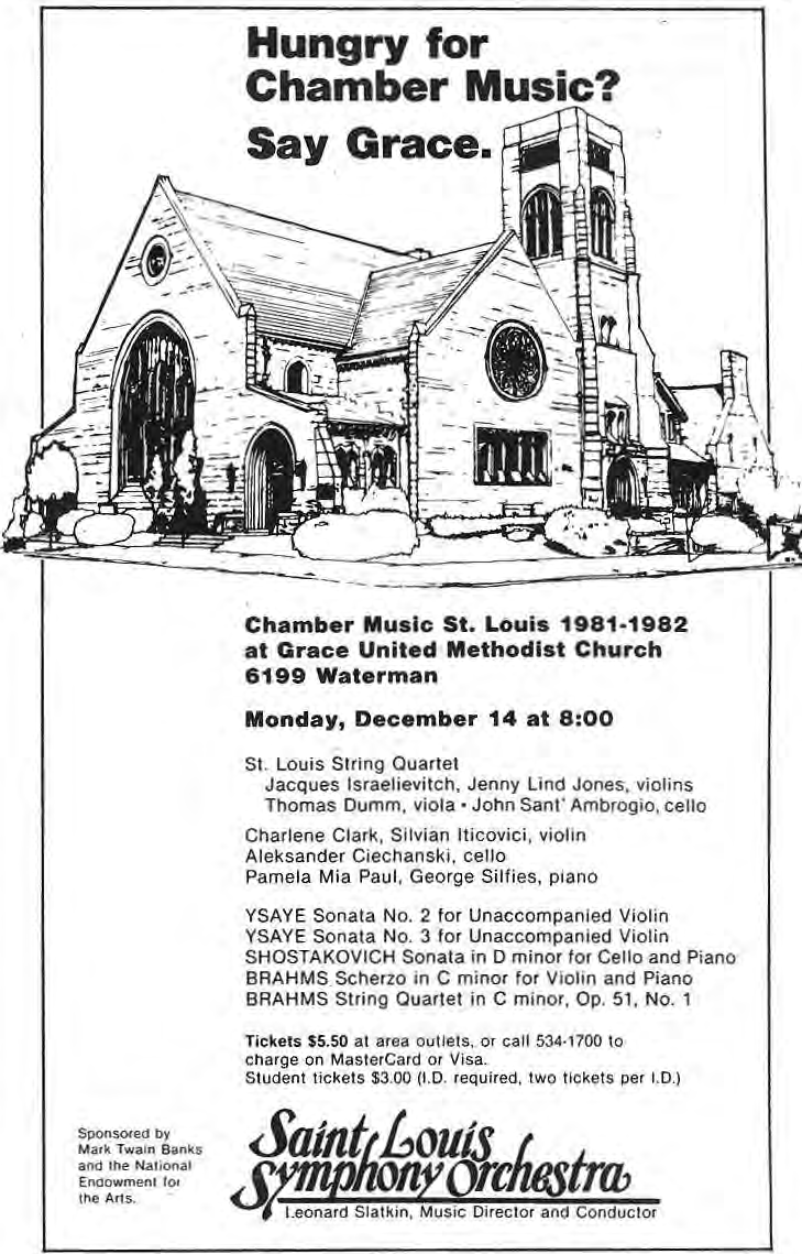 Original concert announcement with church drawing, full program and performers.