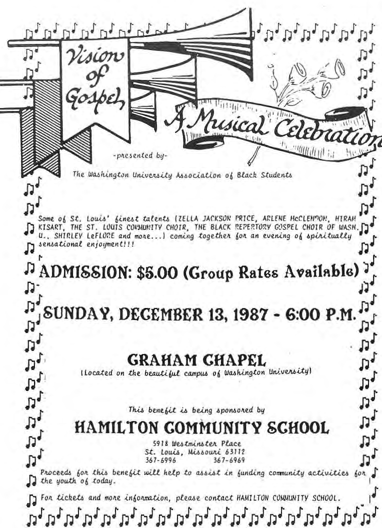 Illustrated gospel concert poster naming the performers and Hamilton Community School benefit.