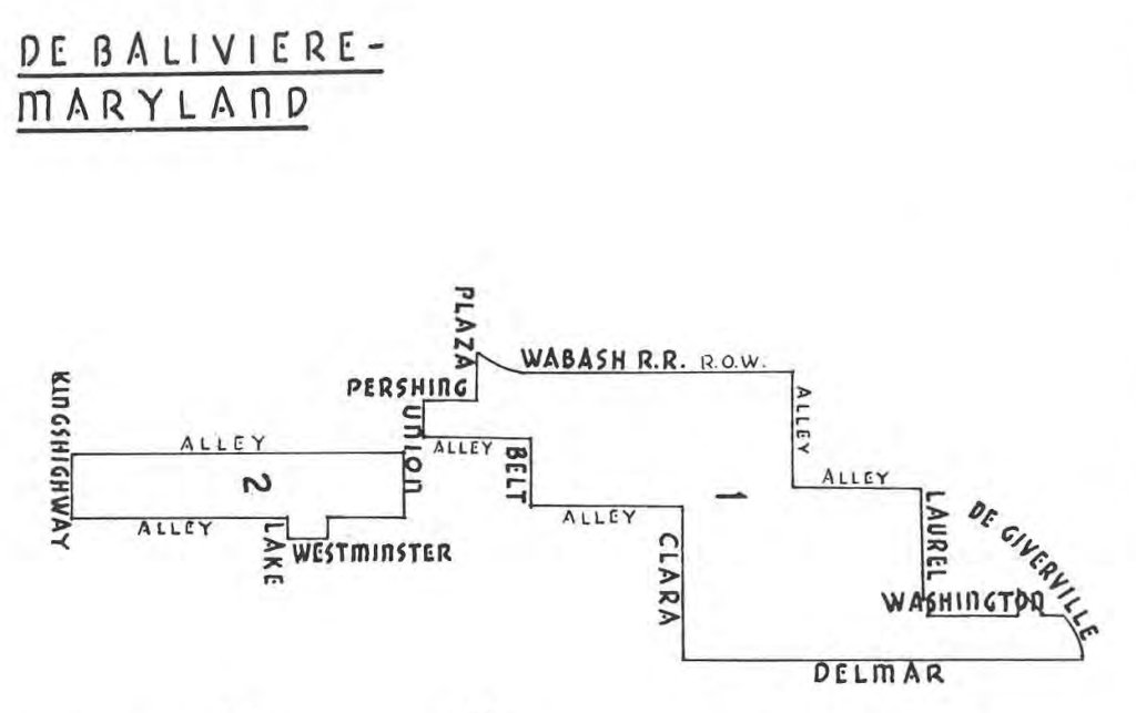 The original DeBaliviere–Maryland schematic, including Delmar, the Wabash railroad right-of-way and surrounding streets.