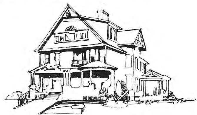 Original pen drawing of a large neighborhood house.