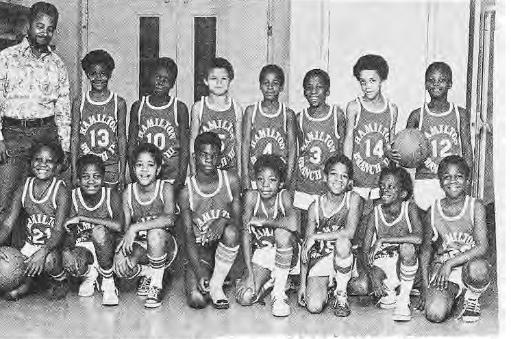 Original Hamilton Branch 3 basketball team photograph with coach Marvis Moody; complete printed roster is in the caption.