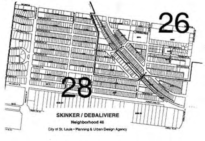 Skinker/DeBaliviere Neighborhood 46, showing new ward division between 26 and 28. Original City of St. Louis Planning and Urban Design Agency map.