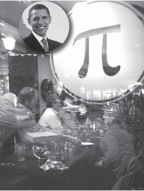 Original composite of Pi restaurant photograph and Obama portrait. Restaurant photograph by King Schoenfeld; inset portrait separately uncredited.