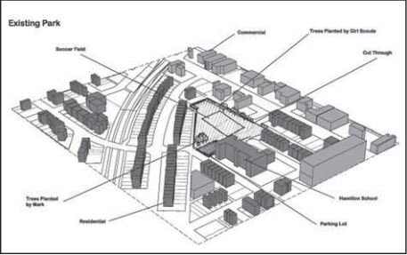Existing Lucier Park diagram from Urban Issues Symposium report, with Hamilton School identified. Reportteamillustration; individualcreatornotcredited.