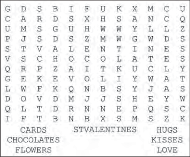 Original Valentine word-search grid and word list. No generated replacement.