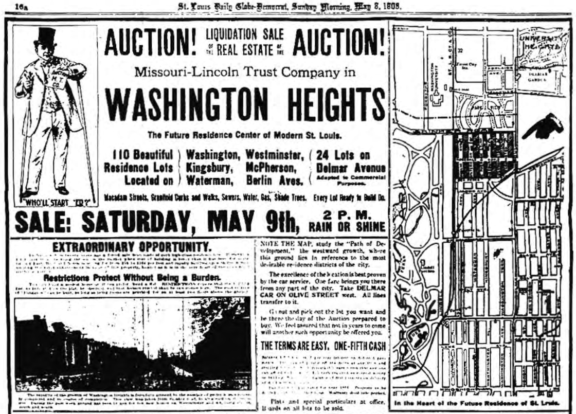 Historical Washington Heights liquidation auction advertisement reproduced in the original article.