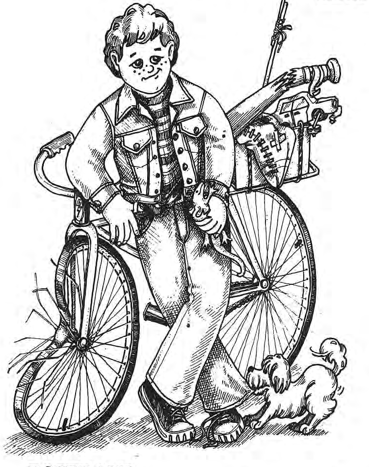 Original drawing of a young bicyclist with a dog.