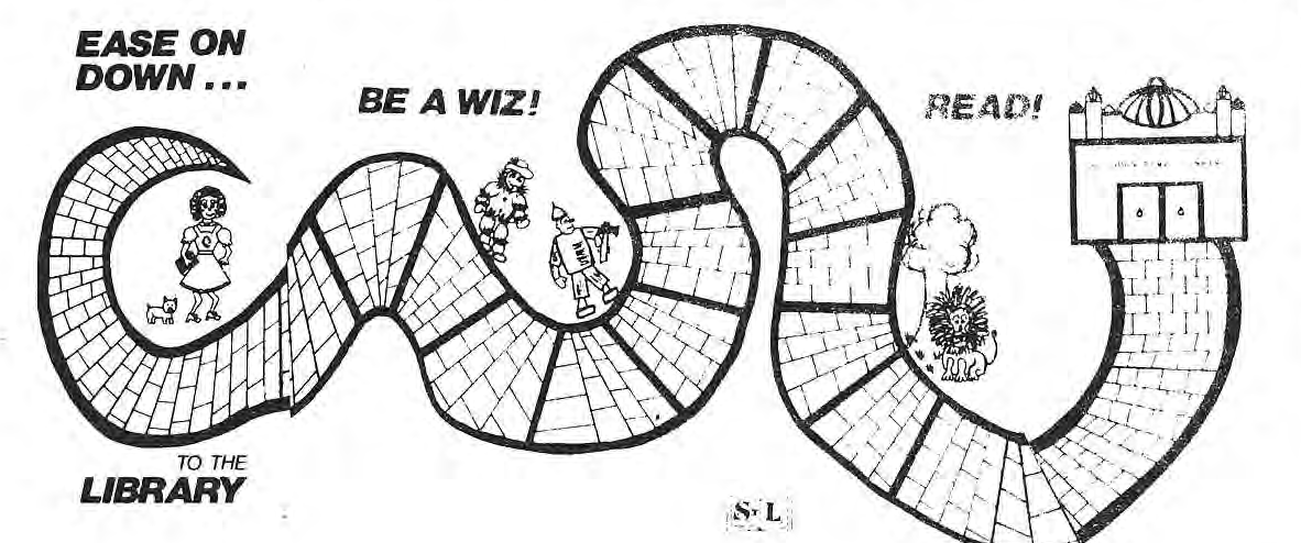 Original illustrated yellow-brick-road summer-reading promotion: Ease on Down, Be a Wiz, Read.