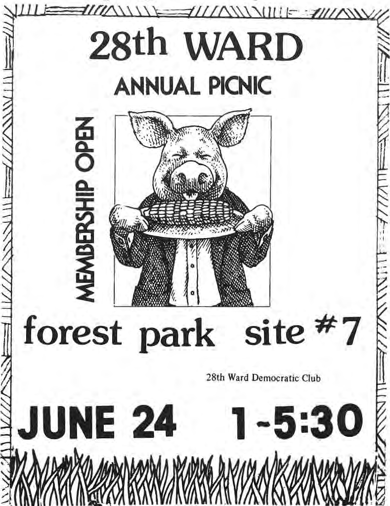Original picnic poster showing a pig holding food.