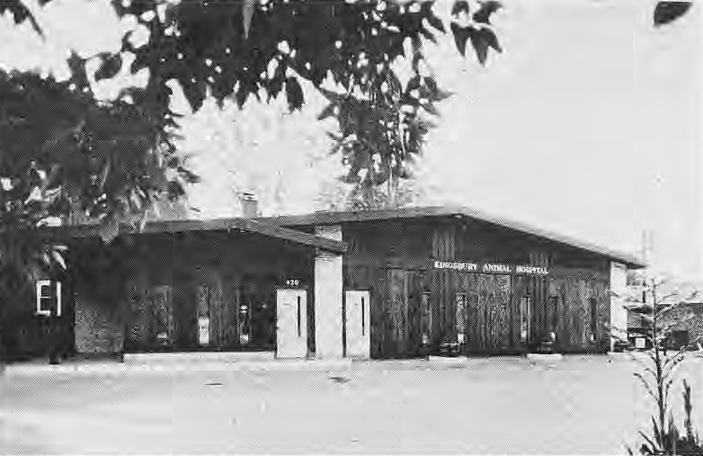 Kingsbury Animal Hospital building beneath leafy trees.