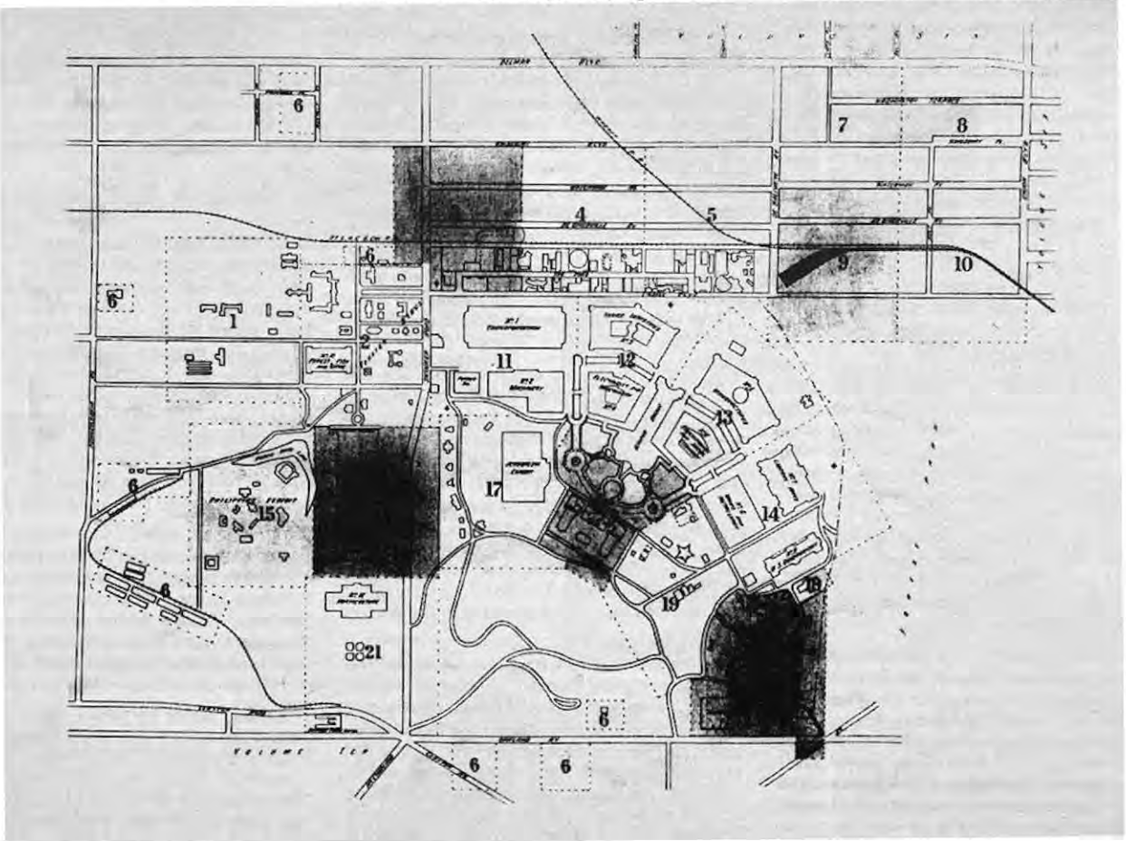 Original map of the Louisiana Purchase Exposition grounds reproduced in the source.