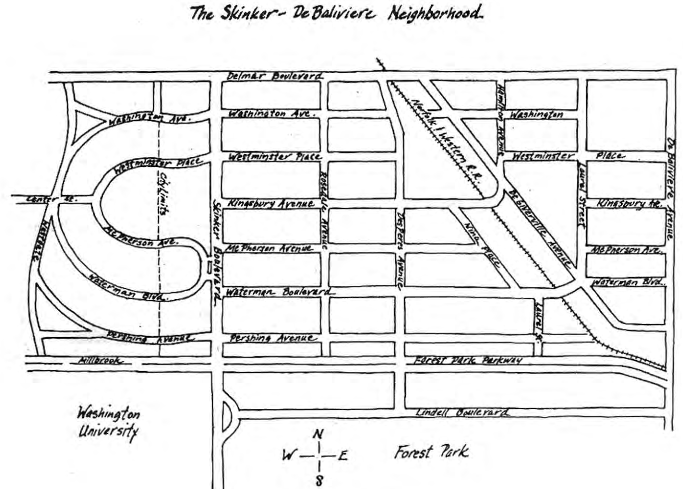 Original Skinker-DeBaliviere Neighborhood street map reproduced in the source.