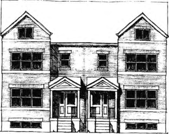 Proposed townhomes at Kingsbury and Nina Place. Original architectural rendering; designer not credited.