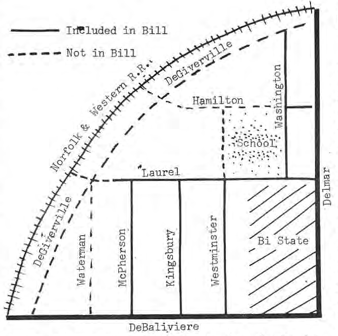The original triangle-area schematic with streets, railroad, school, and solid/dashed bill-inclusion legend.