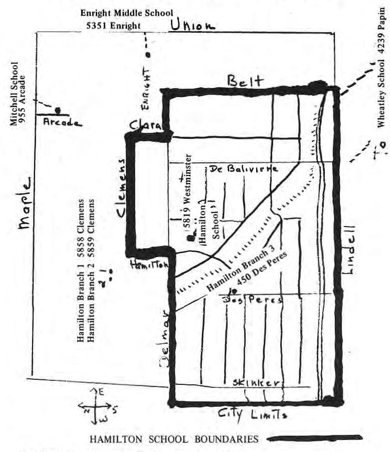Original March 1972 Hamilton School attendance boundary map.