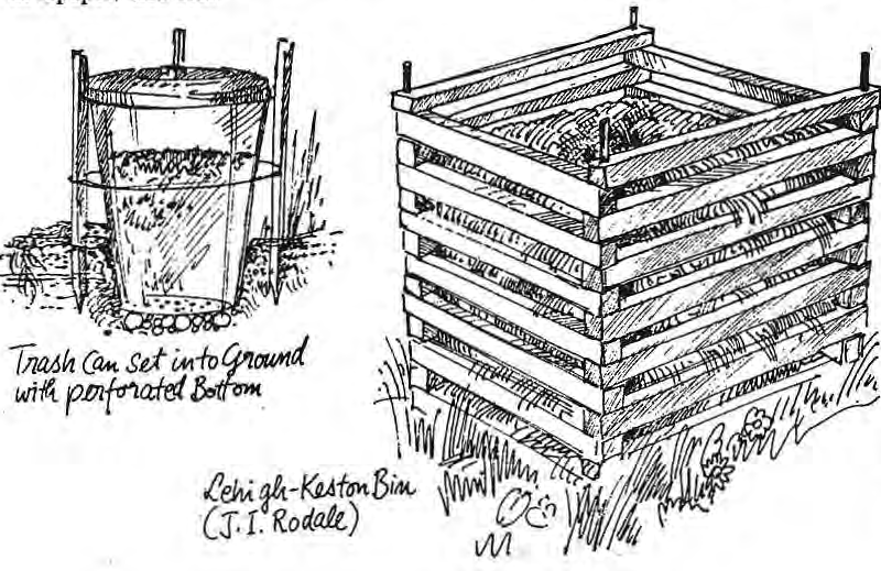 Original drawings of a perforated trash-can composter and a wooden slat compost bin.