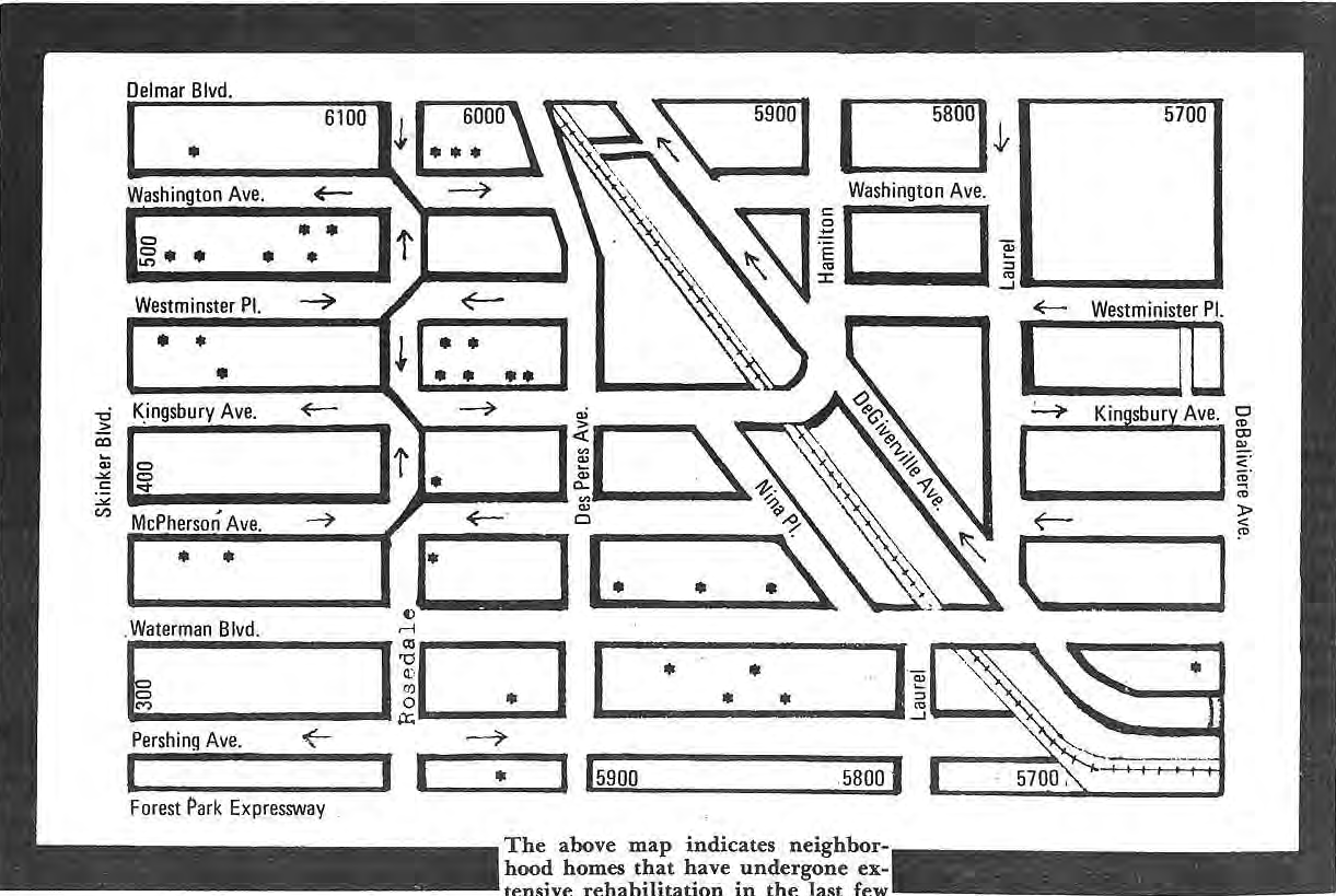 Original street map marking rehabilitated houses in the neighborhood.