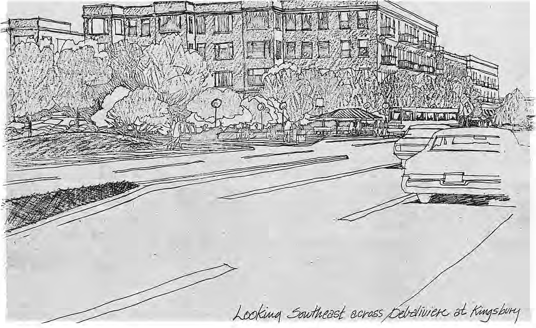 Looking Southeast across DeBaliviere at Kingsbury.
