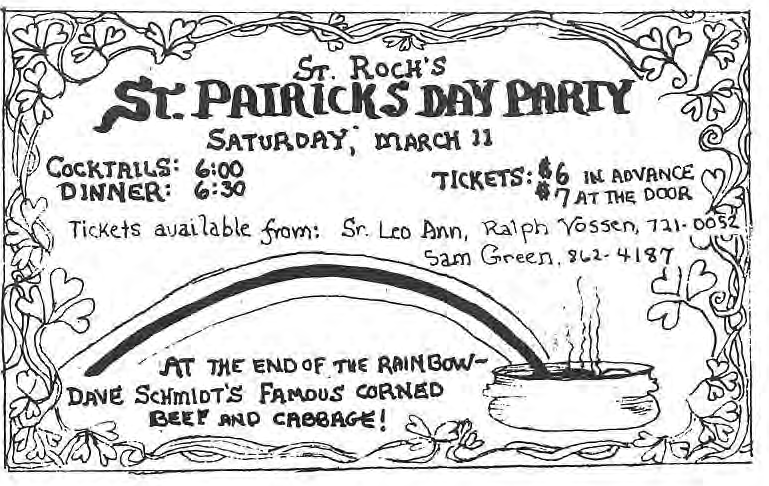 Original hand-lettered March 17 party poster with shamrocks and a pot.