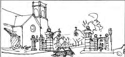 Proposed neighborhood gate and landscaping design. Artist not credited.