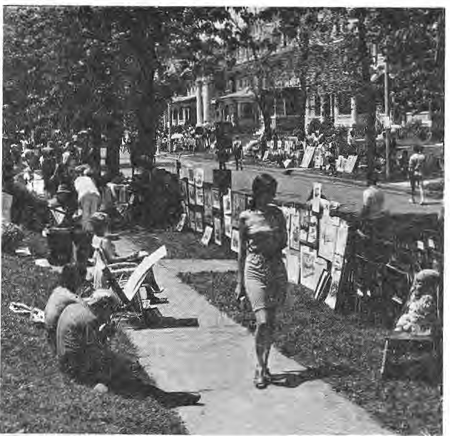 Original Art Fair photograph printed with the May 1971 announcement, showing visitors and art displayed along a tree-lined street.