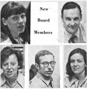 Original five-portrait New Board Members collage; the original caption identifies the pictured members and separately notes two who were not photographed.