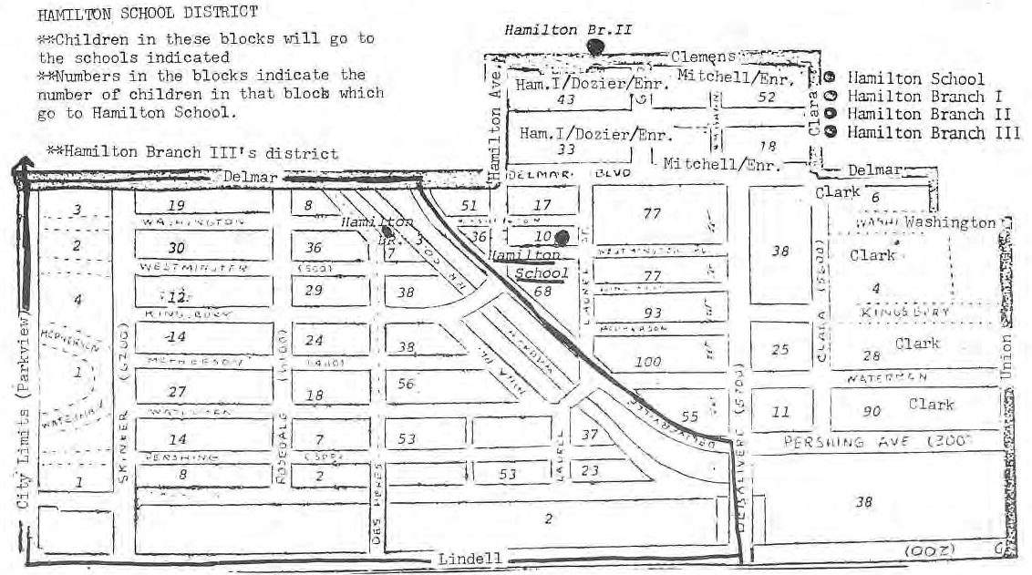 Original 1973 Hamilton School District diagram showing school branches and historical blocks.