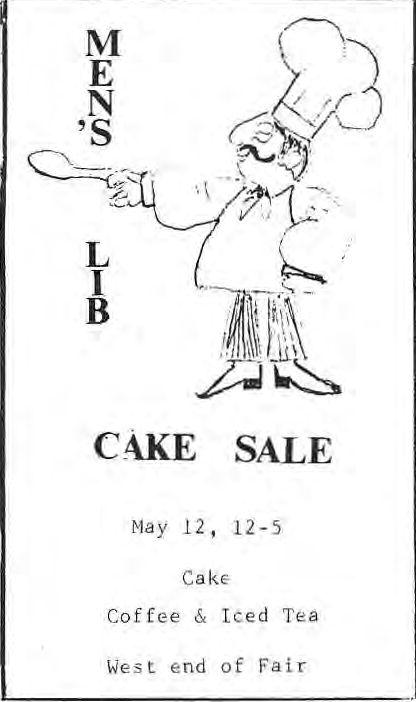 Cartoon baker in the original Men’s Lib Cake Sale notice.