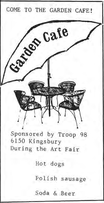 Original patio umbrella and table illustration for Troop 98’s Garden Cafe.