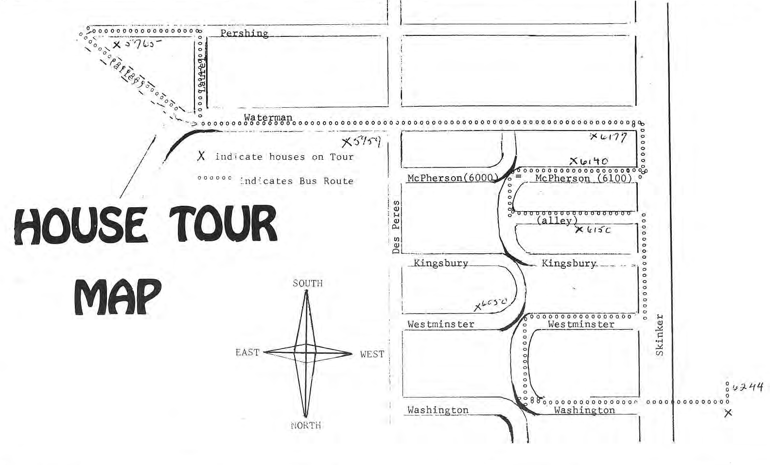 Original map marking seven house-tour stops and the bus route.