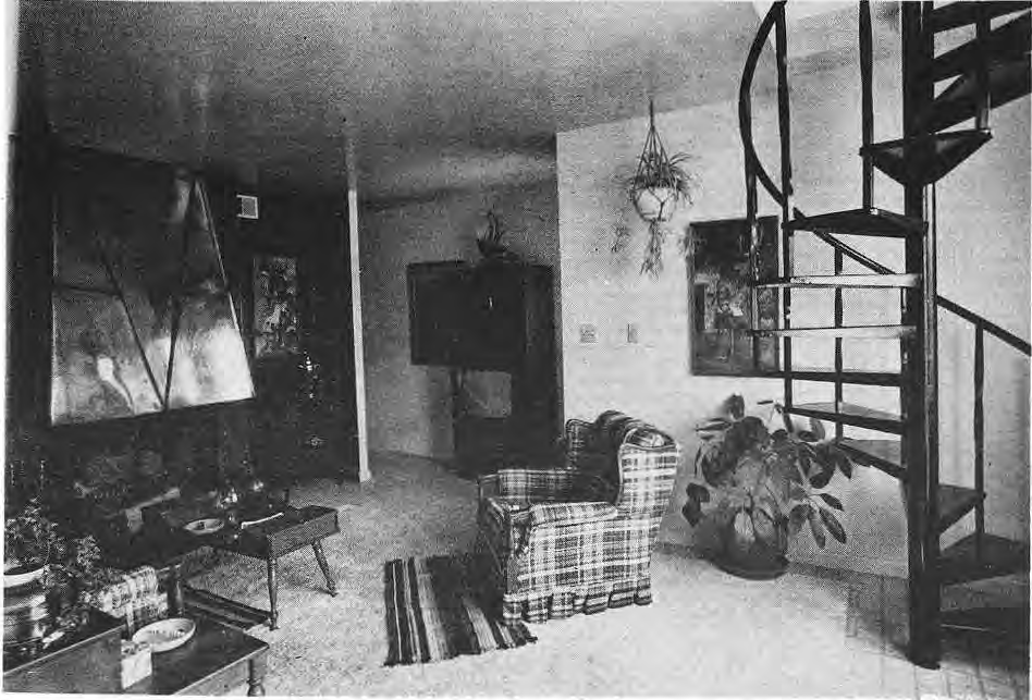 Original photograph of the McKissack family room and spiral stairway.