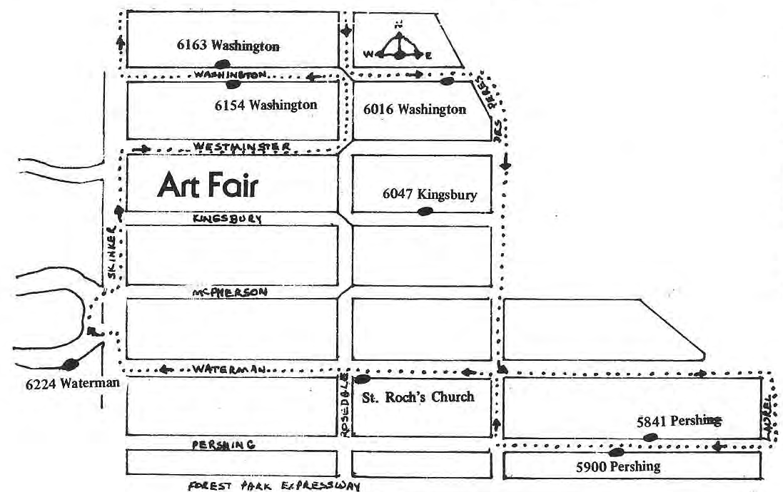 Original hand-drawn street map and tour stops; source address discrepancy is retained.