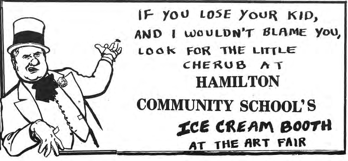 Original illustrated Hamilton ice cream booth notice at the Art Fair.