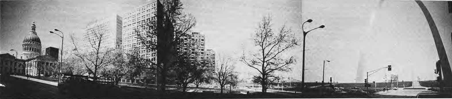 Original panoramic photograph of the Arch grounds, riverfront and Old Courthouse.